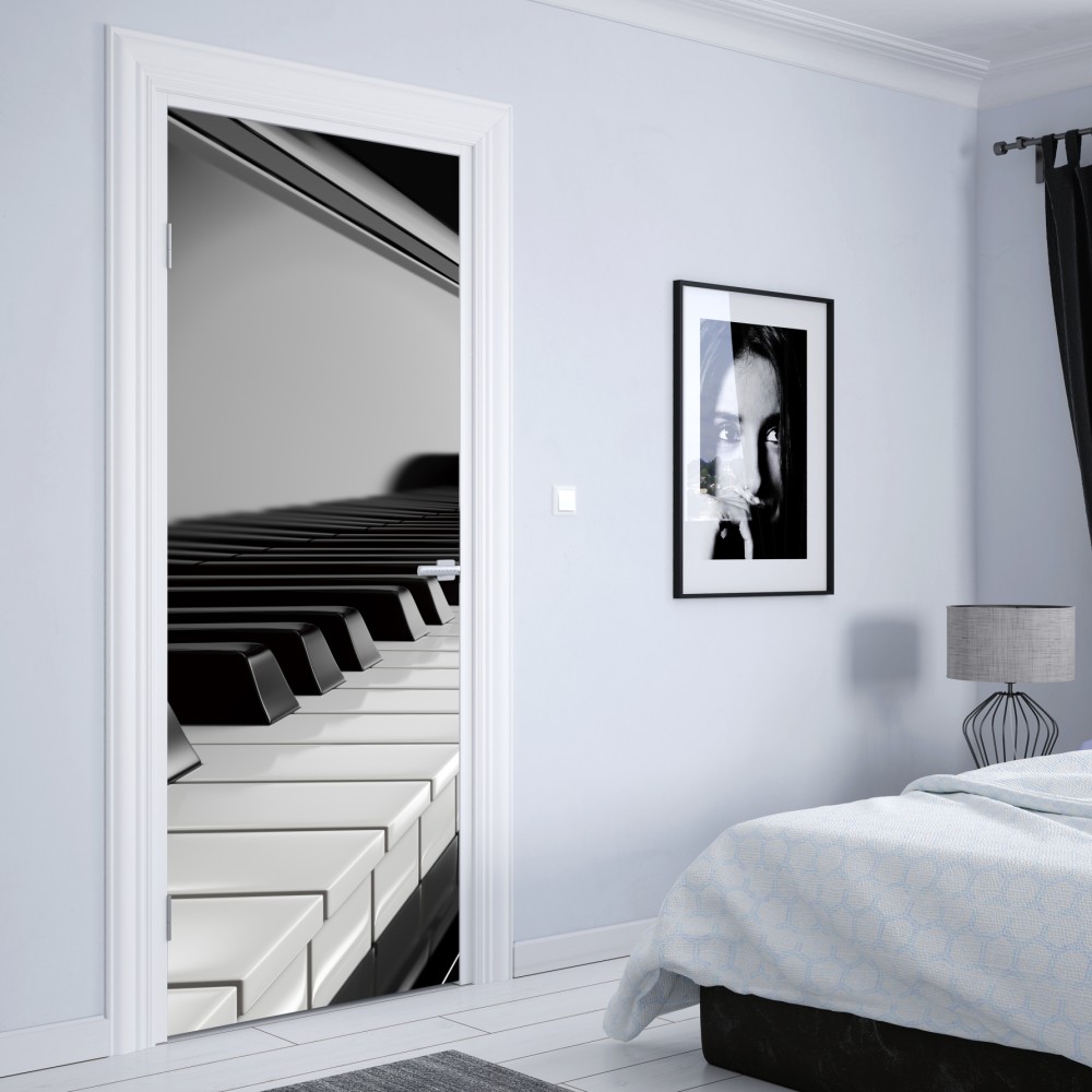 Naklejka na drzwi eleganckie czarno-białe klawisze fortepianu – Wallissimo® Naklejka na drzwi eleganckie czarno-białe klawisze fortepianu – Wallissimo®