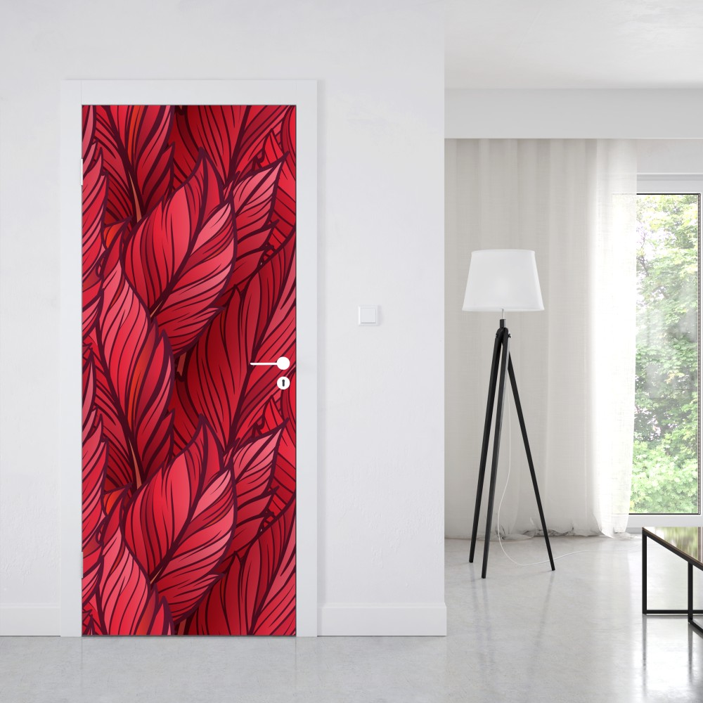 Naklejka na drzwi czerwony botaniczny wzór liści – Wallissimo® Naklejka na drzwi czerwony botaniczny wzór liści – Wallissimo®