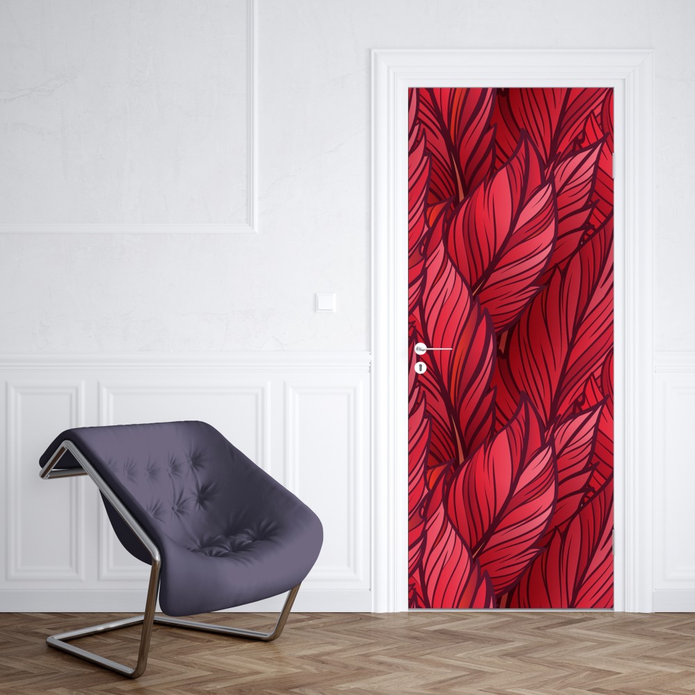 Naklejka na drzwi czerwony botaniczny wzór liści – Wallissimo® Naklejka na drzwi czerwony botaniczny wzór liści – Wallissimo®