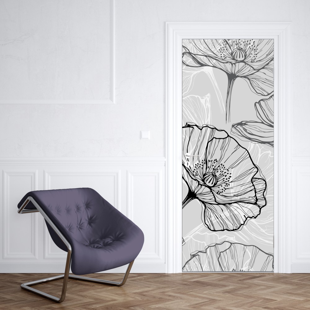 Naklejka na drzwi delikatny szary mak w rysunku liniowym – Wallissimo® Naklejka na drzwi delikatny szary mak w rysunku liniowym – Wallissimo®