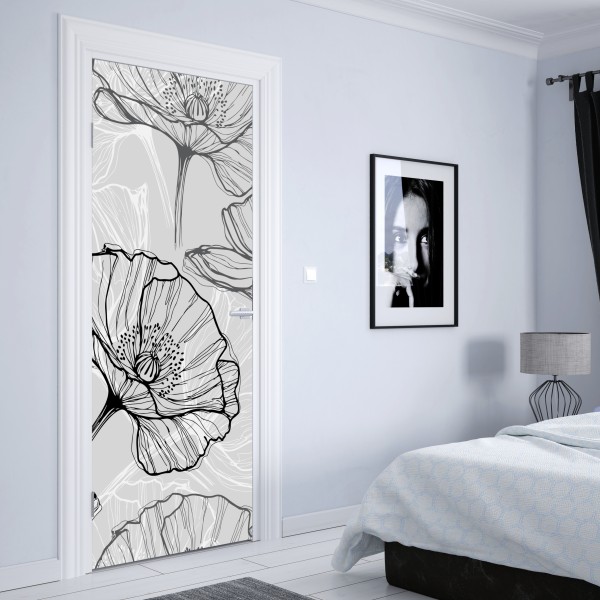 Naklejka na drzwi delikatny szary mak w rysunku liniowym – Wallissimo® Naklejka na drzwi delikatny szary mak w rysunku liniowym – Wallissimo®