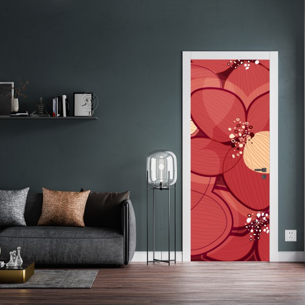 Naklejka na drzwi czerwony kwiatowy wzór z beżowymi środkami – Wallissimo® Naklejka na drzwi czerwony kwiatowy wzór z beżowymi środkami – Wallissimo®