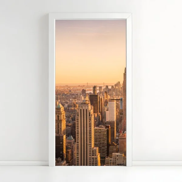 Naklejka na drzwi złoty zachód nad panoramą Nowego Jorku