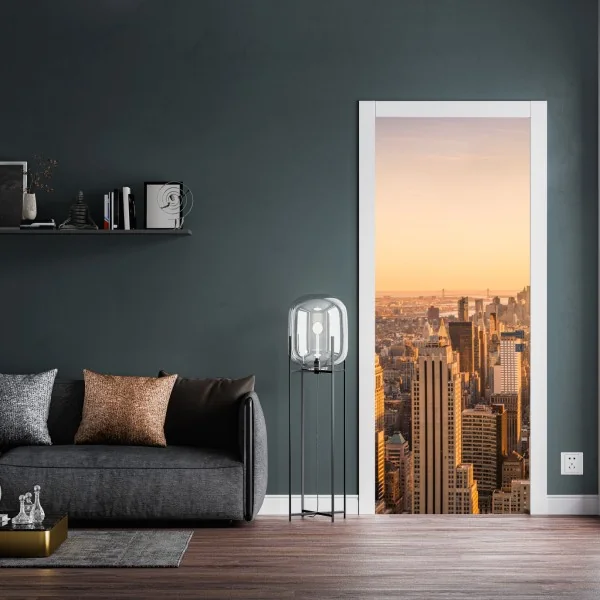 Naklejka na drzwi złoty zachód nad panoramą Nowego Jorku – Wallissimo® Naklejka na drzwi złoty zachód nad panoramą Nowego Jorku – Wallissimo®