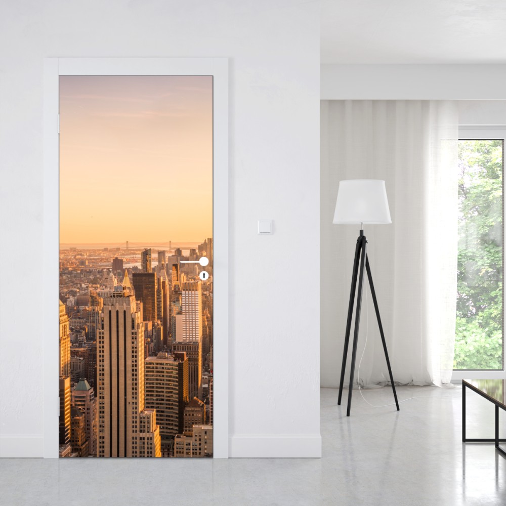 Naklejka na drzwi złoty zachód nad panoramą Nowego Jorku – Wallissimo® Naklejka na drzwi złoty zachód nad panoramą Nowego Jorku – Wallissimo®