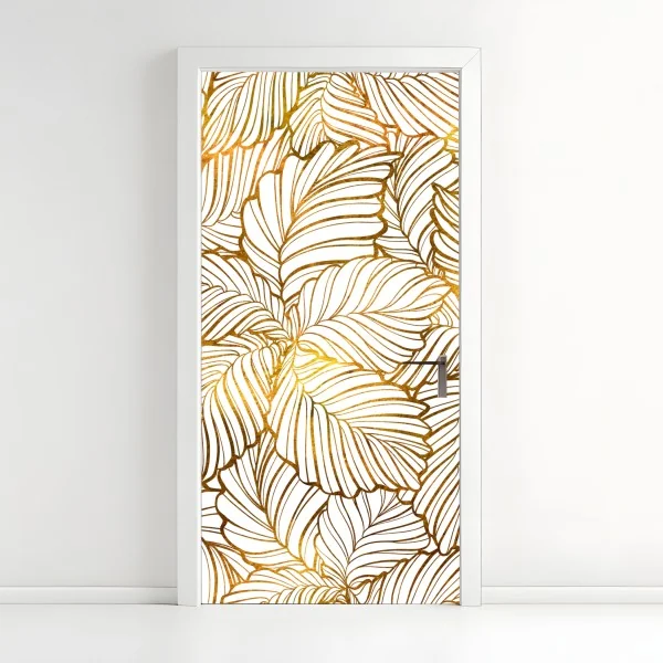 Naklejka na drzwi złote liście w stylu line art