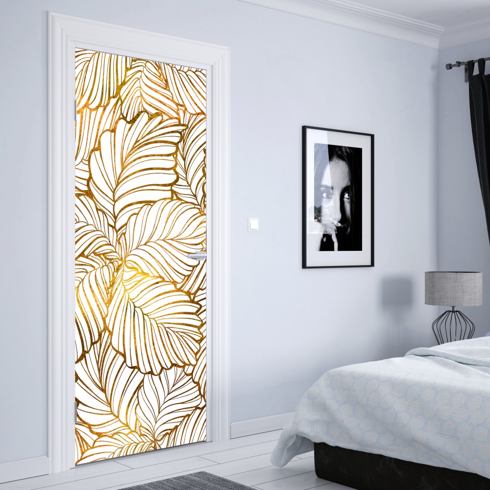 Naklejka na drzwi złote liście w stylu line art – Wallissimo® Naklejka na drzwi złote liście w stylu line art – Wallissimo®