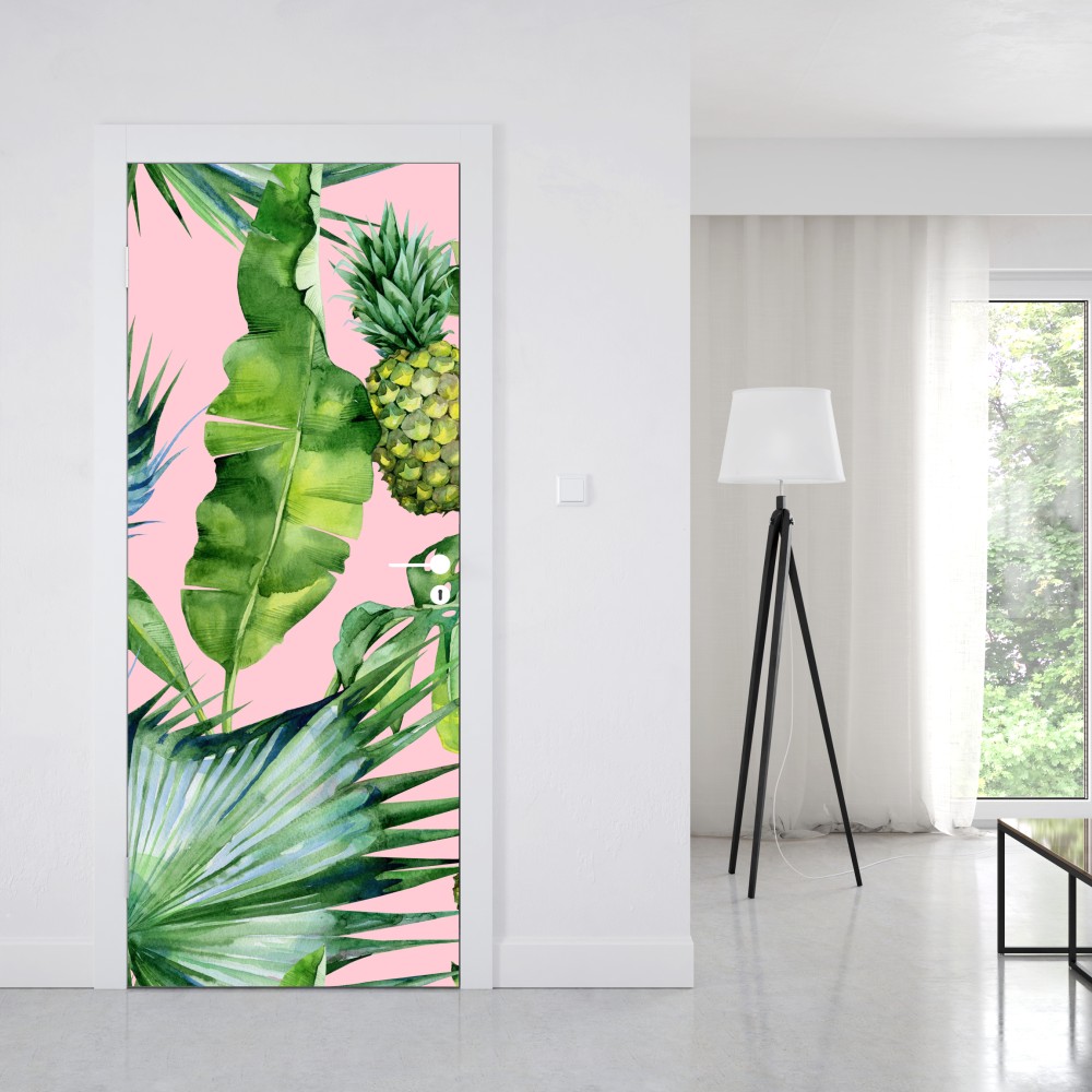 Naklejka na drzwi tropikalny wzór ananasów i liści w akwareli na różowym tle – Wallissimo® Naklejka na drzwi tropikalny wzór ananasów i liści w akwareli na różowym tle – Wallissimo®