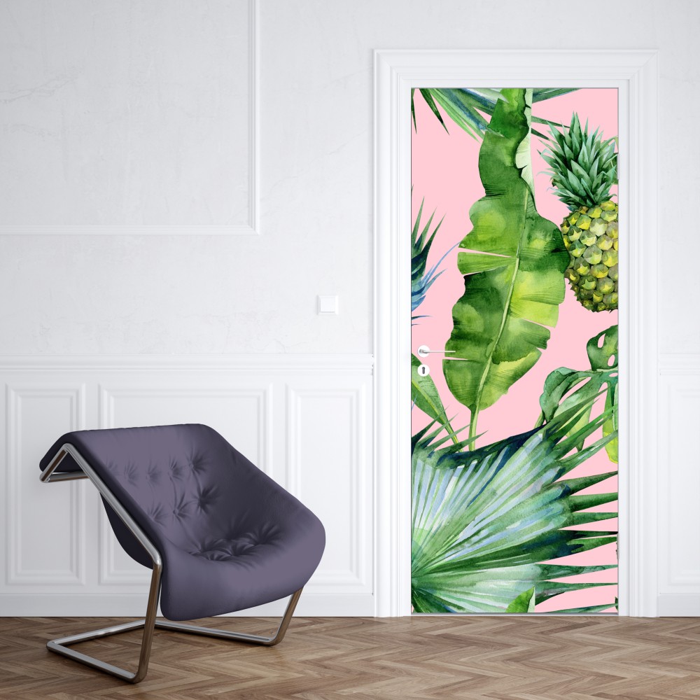 Naklejka na drzwi tropikalny wzór ananasów i liści w akwareli na różowym tle – Wallissimo® Naklejka na drzwi tropikalny wzór ananasów i liści w akwareli na różowym tle – Wallissimo®