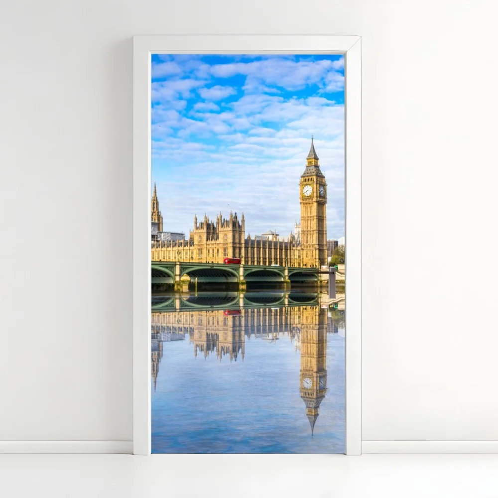 Naklejka na drzwi Londyn panorama nad rzeką z odbiciem – Wallissimo® Naklejka na drzwi Londyn panorama nad rzeką z odbiciem – Wallissimo®