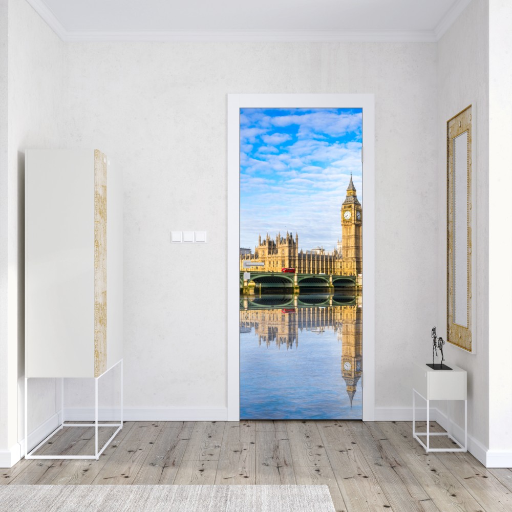 Naklejka na drzwi Londyn panorama nad rzeką z odbiciem – Wallissimo® Naklejka na drzwi Londyn panorama nad rzeką z odbiciem – Wallissimo®