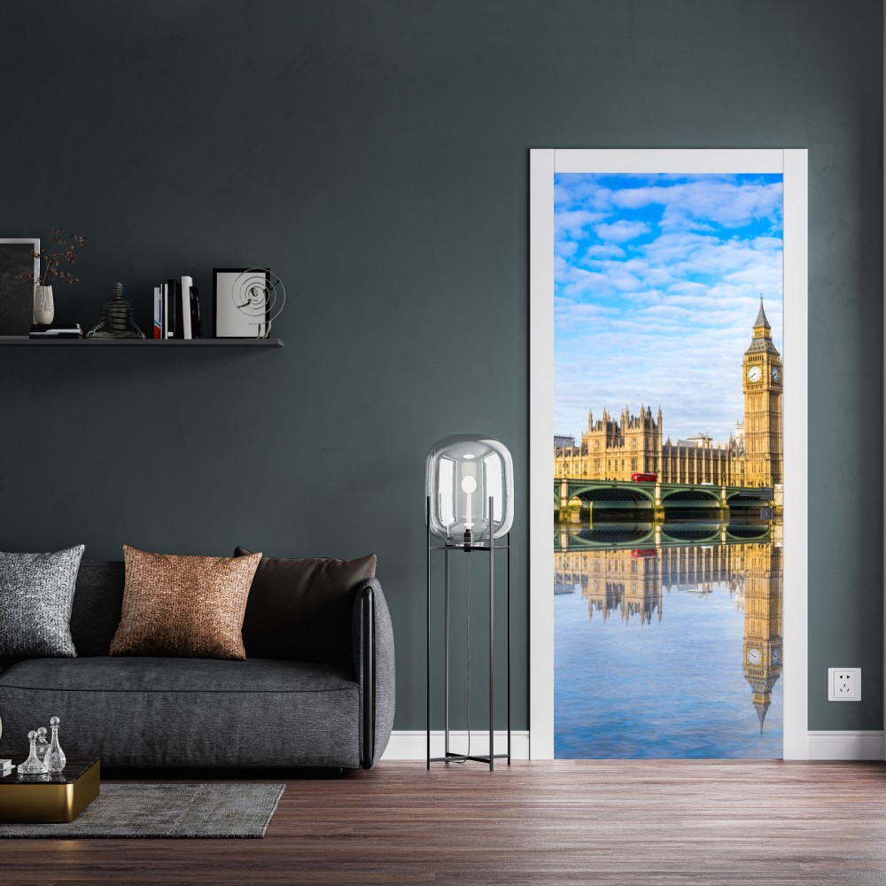 Naklejka na drzwi Londyn panorama nad rzeką z odbiciem – Wallissimo® Naklejka na drzwi Londyn panorama nad rzeką z odbiciem – Wallissimo®