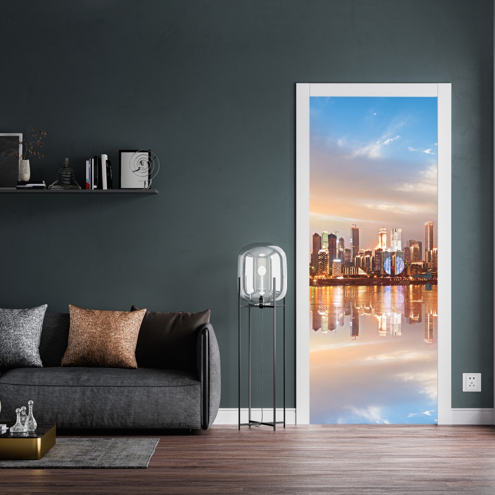 Naklejka na drzwi panorama miasta odbita w wodzie o zmierzchu – Wallissimo® Naklejka na drzwi panorama miasta odbita w wodzie o zmierzchu – Wallissimo®