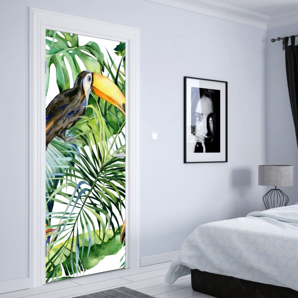 Naklejka na drzwi tropikalne kolibry i plumeria w akwareli – Wallissimo®