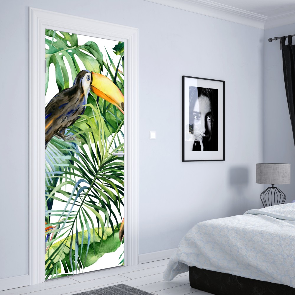 Naklejka na drzwi akwarelowy tukan w tropikalnym wzorze – Wallissimo® Naklejka na drzwi akwarelowy tukan w tropikalnym wzorze – Wallissimo®