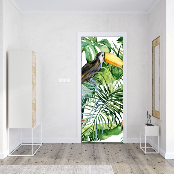 Naklejka na drzwi akwarelowy tukan w tropikalnym wzorze – Wallissimo® Naklejka na drzwi akwarelowy tukan w tropikalnym wzorze – Wallissimo®