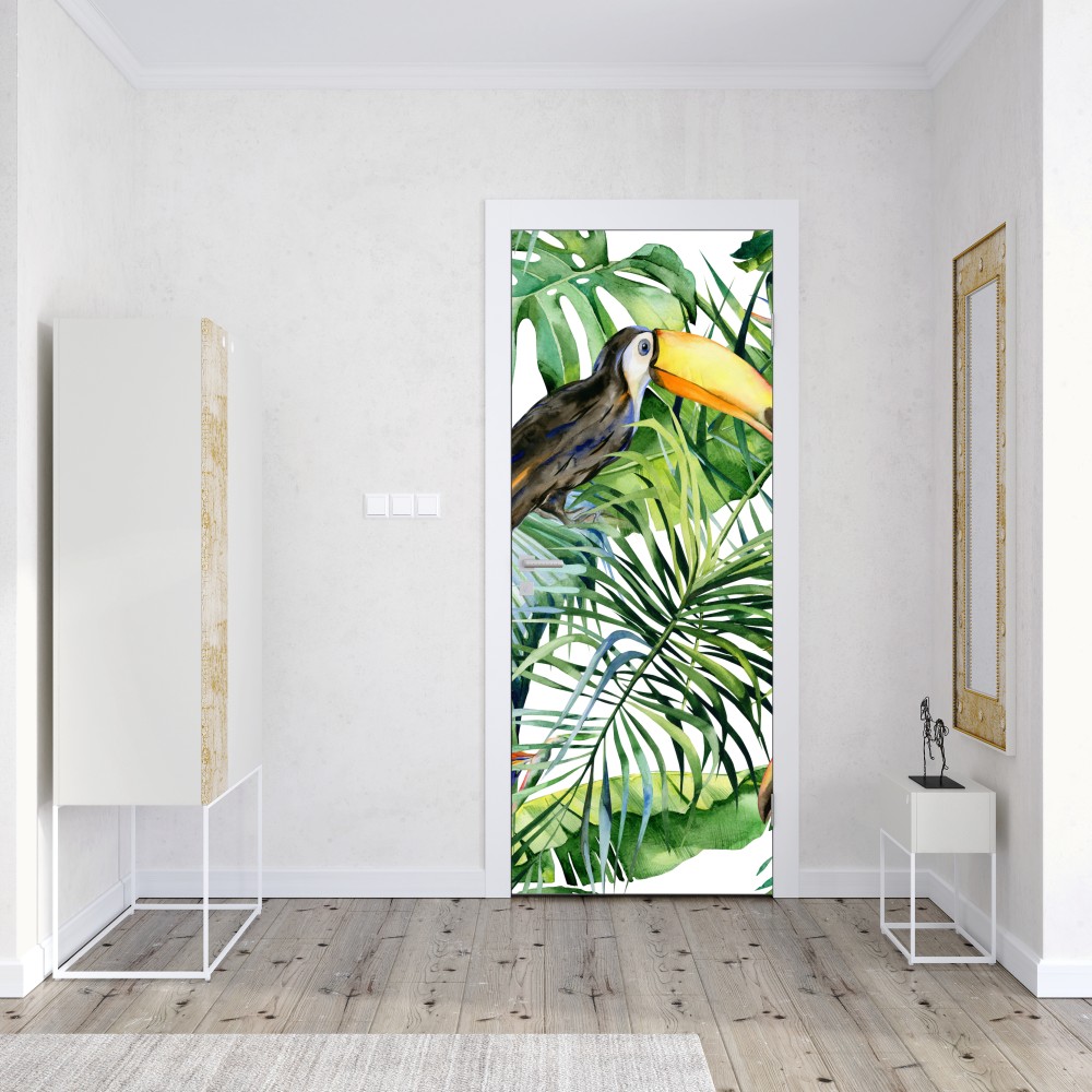 Naklejka na drzwi akwarelowy tukan w tropikalnym wzorze – Wallissimo® Naklejka na drzwi akwarelowy tukan w tropikalnym wzorze – Wallissimo®