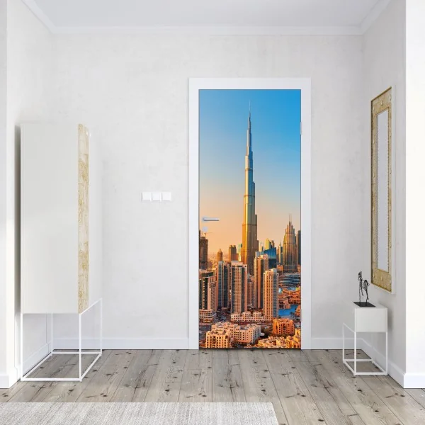 Naklejka na drzwi panorama Dubaju o złotej godzinie – Wallissimo® Naklejka na drzwi panorama Dubaju o złotej godzinie – Wallissimo®