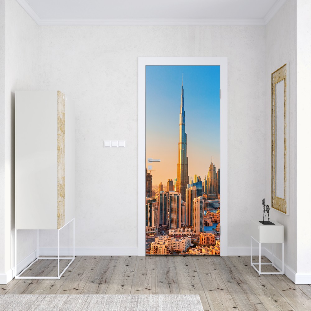 Naklejka na drzwi panorama Dubaju o złotej godzinie – Wallissimo® Naklejka na drzwi panorama Dubaju o złotej godzinie – Wallissimo®