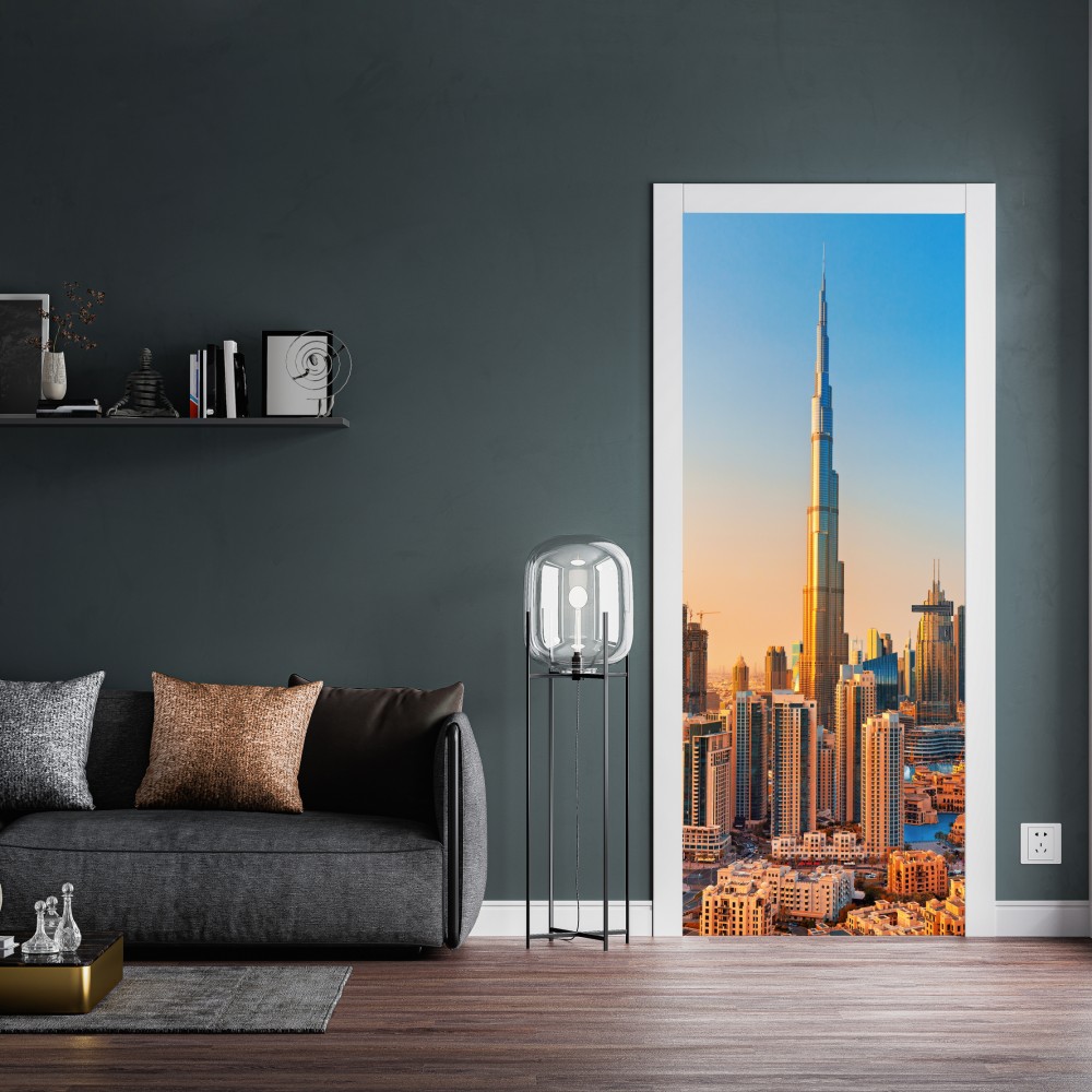 Naklejka na drzwi panorama Dubaju o złotej godzinie – Wallissimo® Naklejka na drzwi panorama Dubaju o złotej godzinie – Wallissimo®