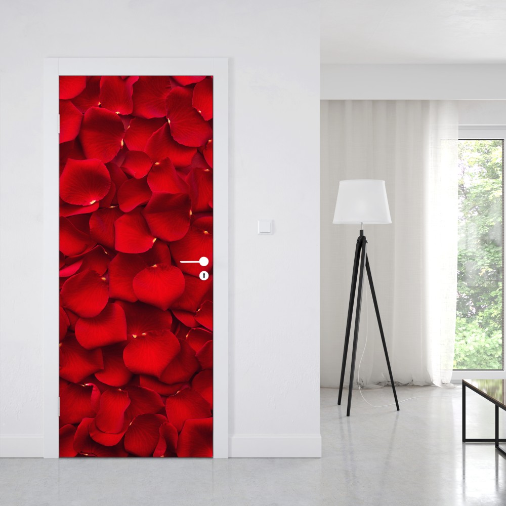 Naklejka na drzwi czerwone płatki róż tło – Wallissimo® Naklejka na drzwi czerwone płatki róż tło – Wallissimo®