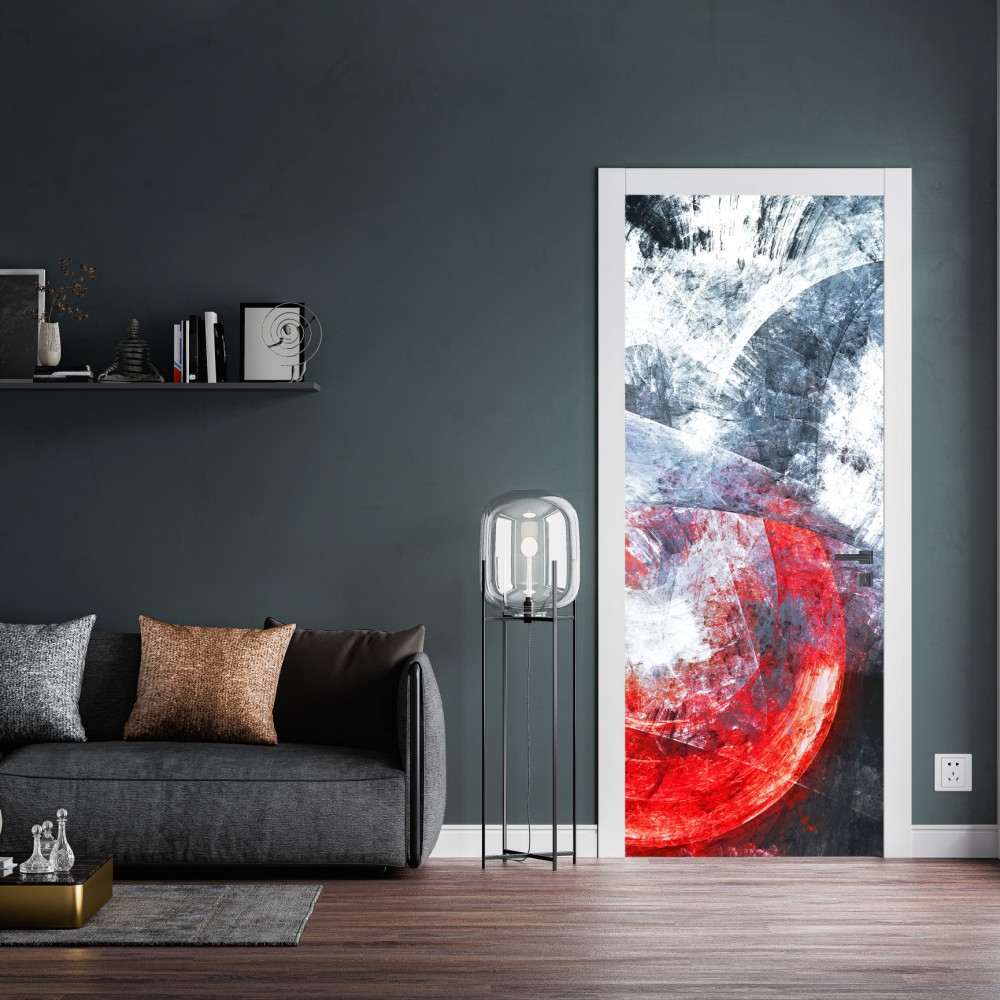 Naklejka na drzwi dynamiczna czerwona i biała abstrakcyjna kompozycja – Wallissimo® Naklejka na drzwi dynamiczna czerwona i biała abstrakcyjna kompozycja – Wallissimo®