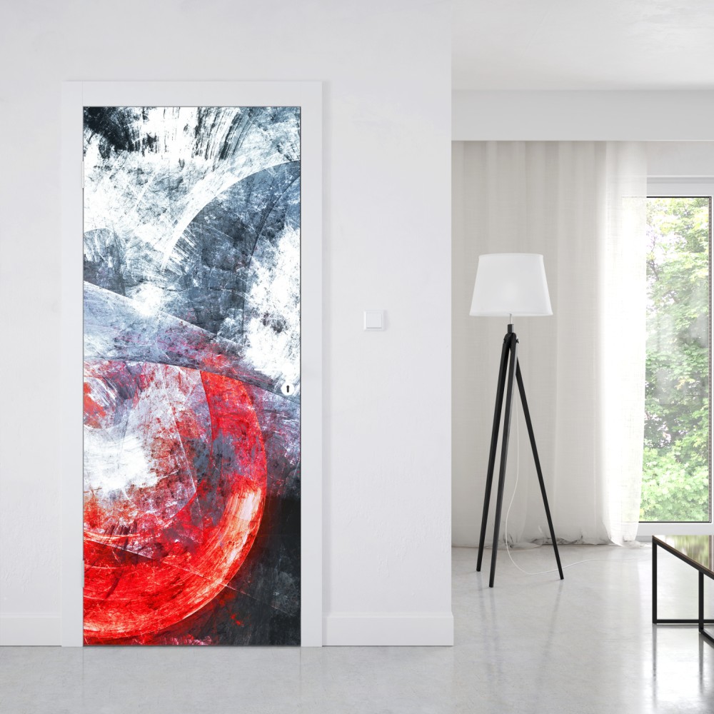 Naklejka na drzwi dynamiczna czerwona i biała abstrakcyjna kompozycja – Wallissimo® Naklejka na drzwi dynamiczna czerwona i biała abstrakcyjna kompozycja – Wallissimo®