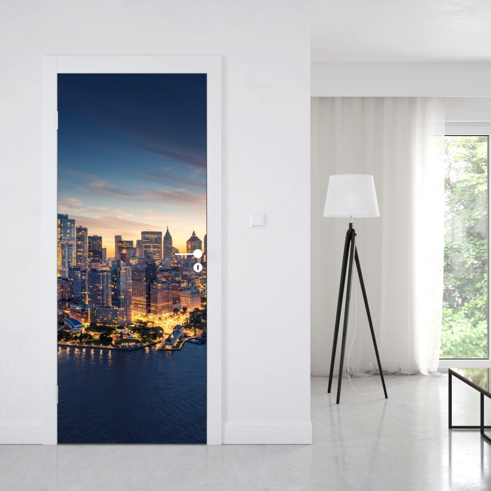 Naklejka na drzwi Manhattan panorama o wschodzie słońca – Wallissimo® Naklejka na drzwi Manhattan panorama o wschodzie słońca – Wallissimo®
