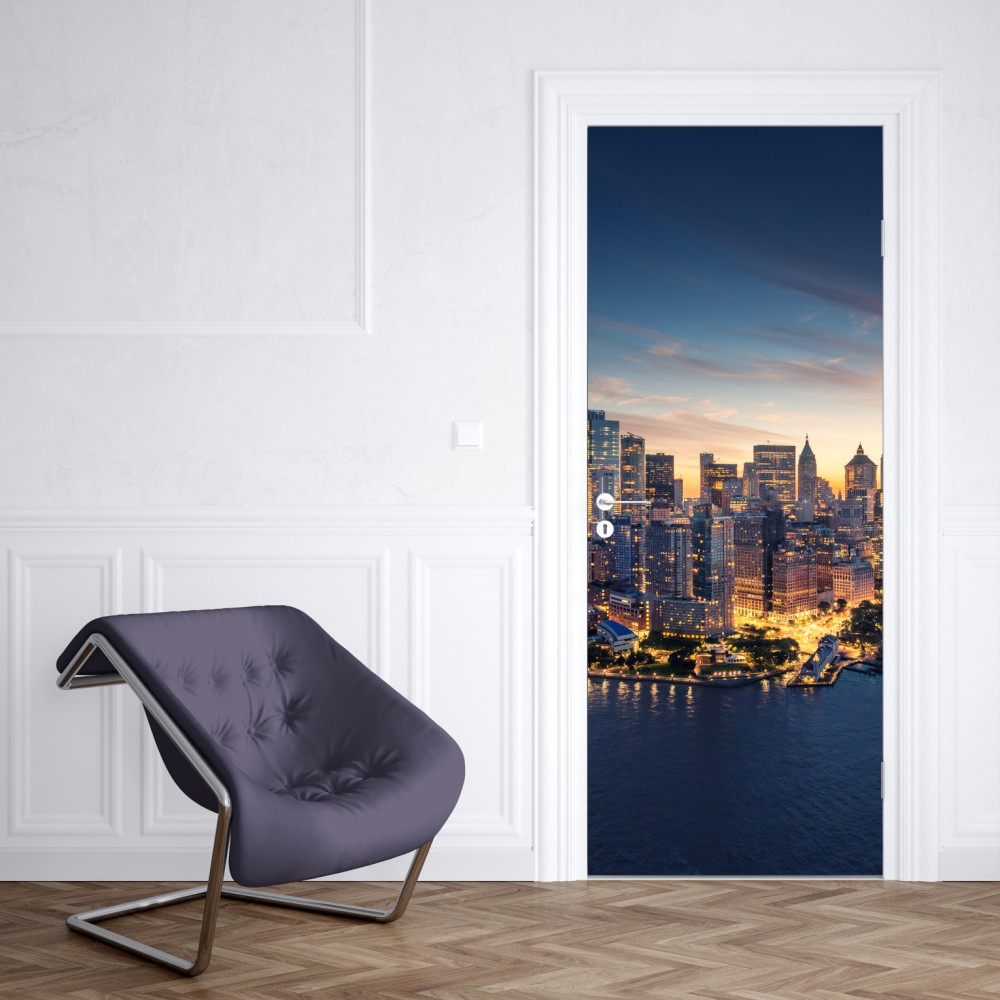 Naklejka na drzwi Manhattan panorama o wschodzie słońca – Wallissimo® Naklejka na drzwi Manhattan panorama o wschodzie słońca – Wallissimo®