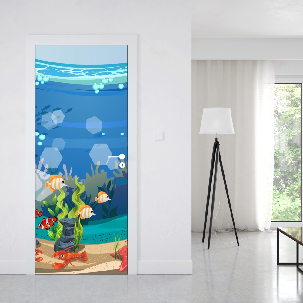 Naklejka na drzwi zabawna podwodna scena z rafą koralową – Wallissimo® Naklejka na drzwi zabawna podwodna scena z rafą koralową – Wallissimo®
