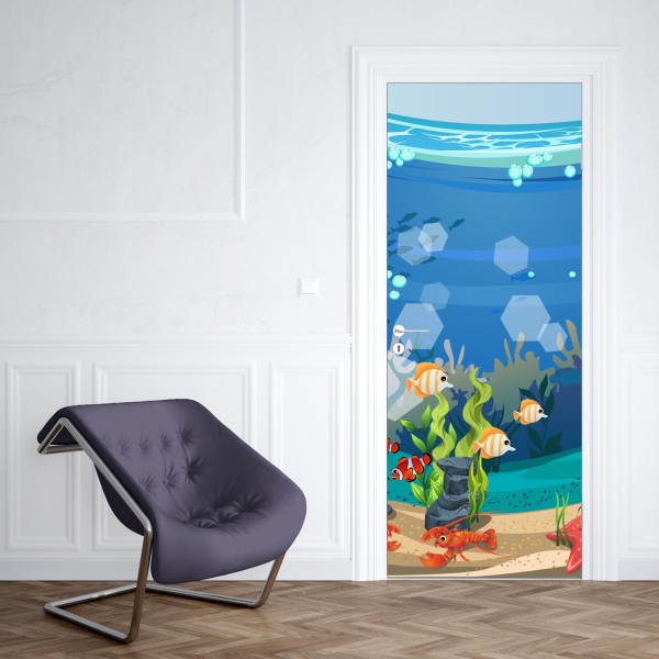 Naklejka na drzwi zabawna podwodna scena z rafą koralową – Wallissimo® Naklejka na drzwi zabawna podwodna scena z rafą koralową – Wallissimo®