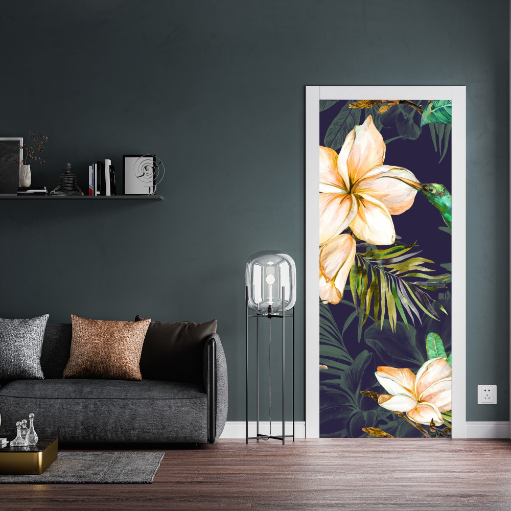 Naklejka na drzwi tropikalne kolibry i plumeria w akwareli – Wallissimo® Naklejka na drzwi tropikalne kolibry i plumeria w akwareli – Wallissimo®