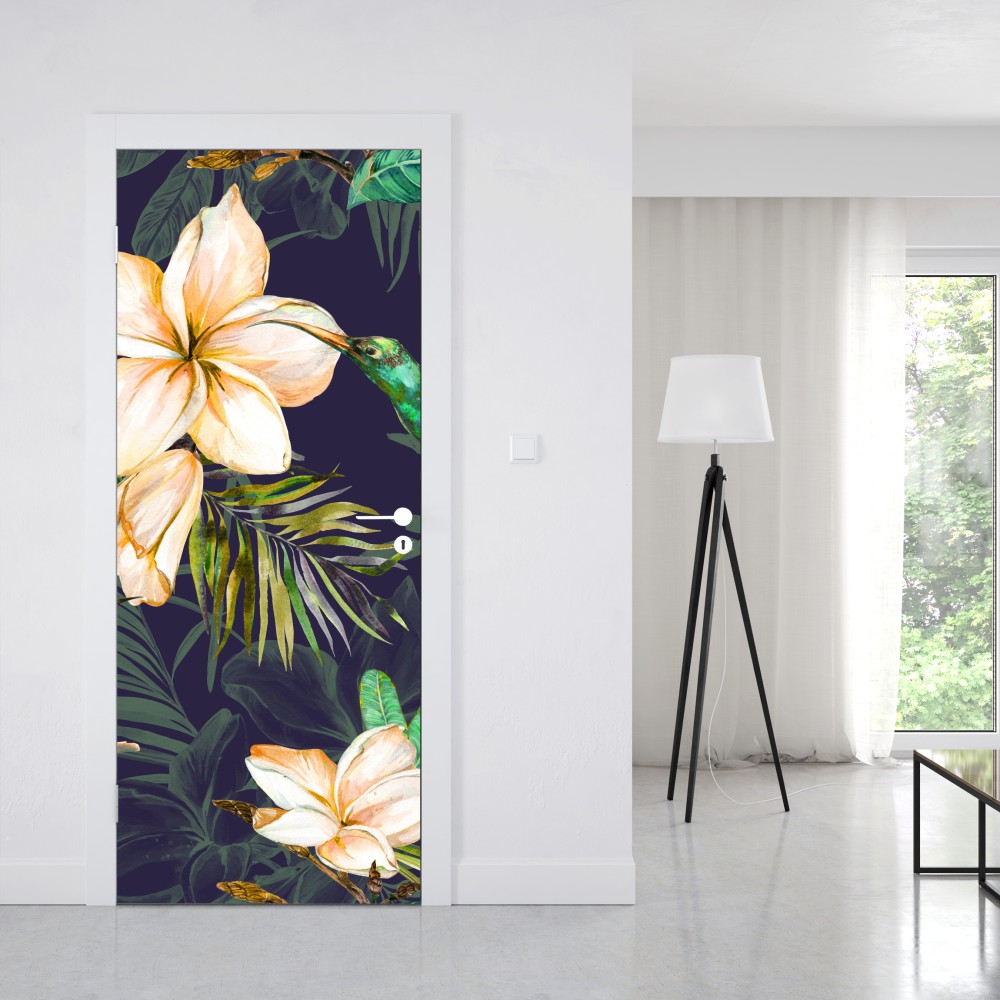 Naklejka na drzwi tropikalne kolibry i plumeria w akwareli – Wallissimo® Naklejka na drzwi tropikalne kolibry i plumeria w akwareli – Wallissimo®