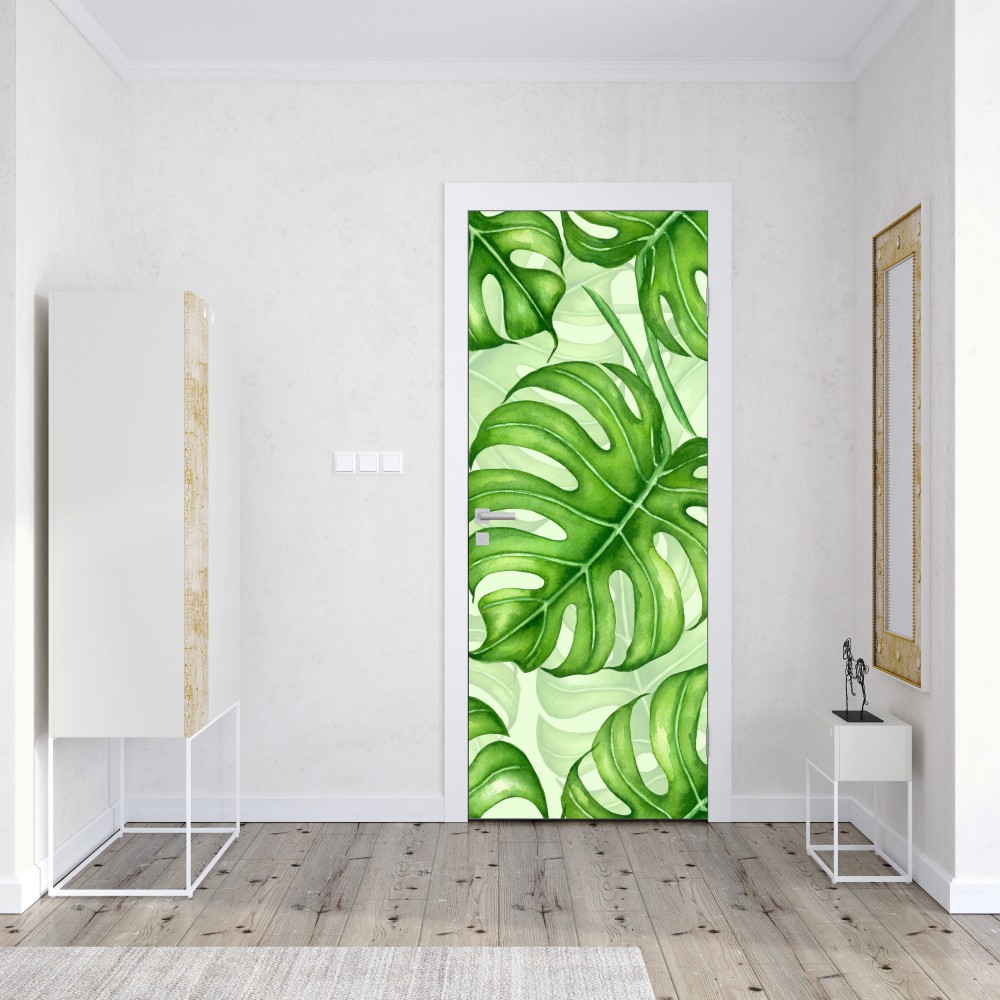 Naklejka na drzwi akwarelowy wzór liści monstery – Wallissimo® Naklejka na drzwi akwarelowy wzór liści monstery – Wallissimo®