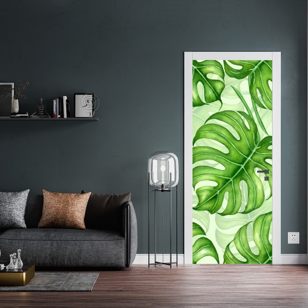 Naklejka na drzwi akwarelowy wzór liści monstery – Wallissimo® Naklejka na drzwi akwarelowy wzór liści monstery – Wallissimo®