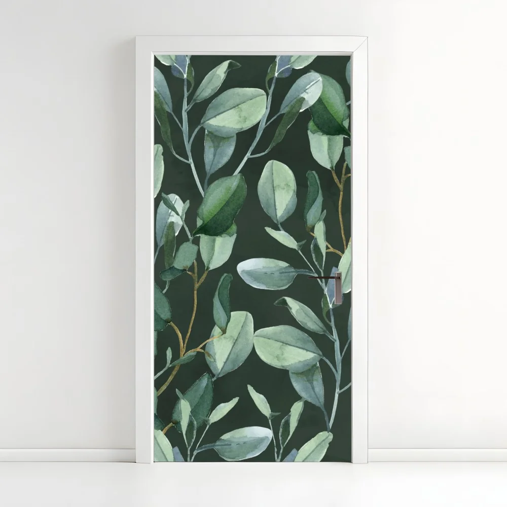 Naklejka na drzwi wzór akwarelowy z liśćmi eukaliptusa na ciemnozielonym tle – Wallissimo® Naklejka na drzwi wzór akwarelowy z liśćmi eukaliptusa na ciemnozielonym tle – Wallissimo®