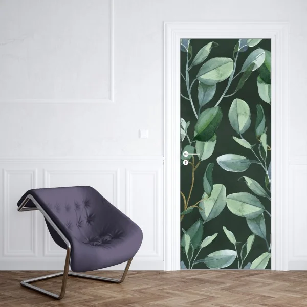 Naklejka na drzwi wzór akwarelowy z liśćmi eukaliptusa na ciemnozielonym tle – Wallissimo® Naklejka na drzwi wzór akwarelowy z liśćmi eukaliptusa na ciemnozielonym tle – Wallissimo®