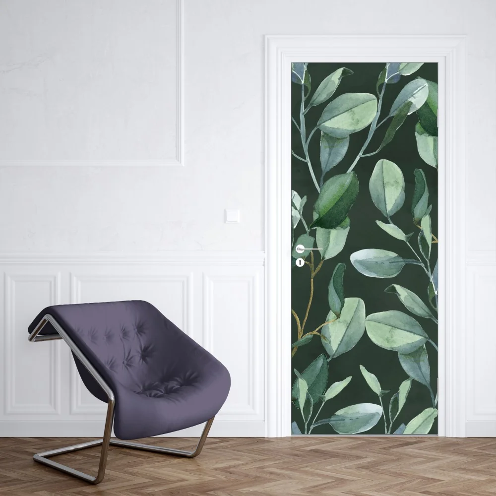 Naklejka na drzwi wzór akwarelowy z liśćmi eukaliptusa na ciemnozielonym tle – Wallissimo® Naklejka na drzwi wzór akwarelowy z liśćmi eukaliptusa na ciemnozielonym tle – Wallissimo®