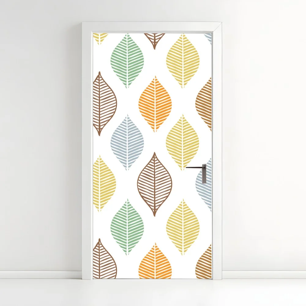 Naklejka na drzwi pastelowy wzór liści na ścianę – Wallissimo® Naklejka na drzwi pastelowy wzór liści na ścianę – Wallissimo®