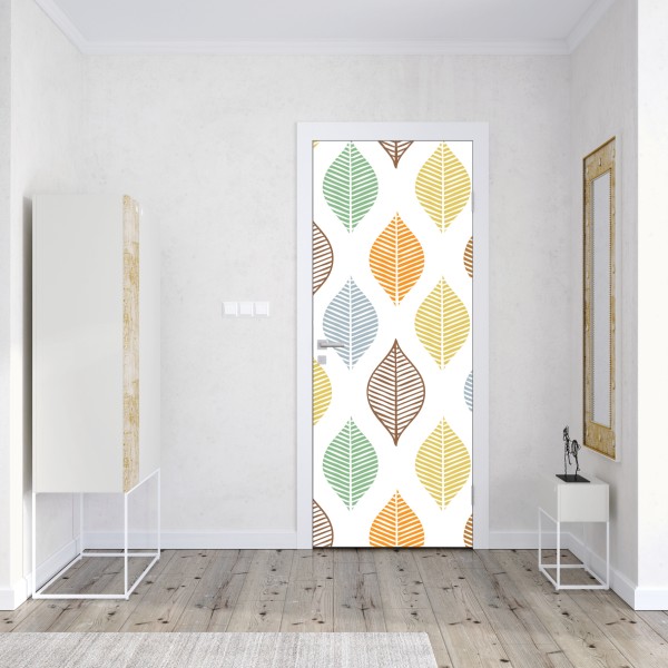 Naklejka na drzwi pastelowy wzór liści na ścianę – Wallissimo® Naklejka na drzwi pastelowy wzór liści na ścianę – Wallissimo®
