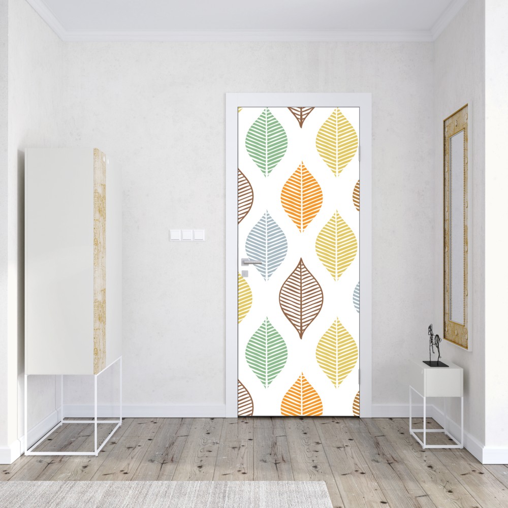 Naklejka na drzwi pastelowy wzór liści na ścianę – Wallissimo® Naklejka na drzwi pastelowy wzór liści na ścianę – Wallissimo®