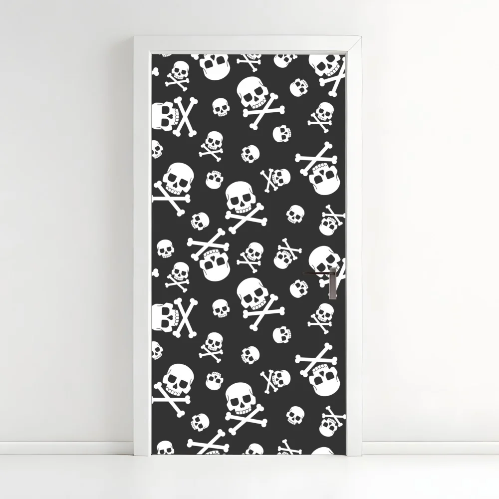 Naklejka na drzwi biały wzór czaszek na szarym tle – Wallissimo® Naklejka na drzwi biały wzór czaszek na szarym tle – Wallissimo®