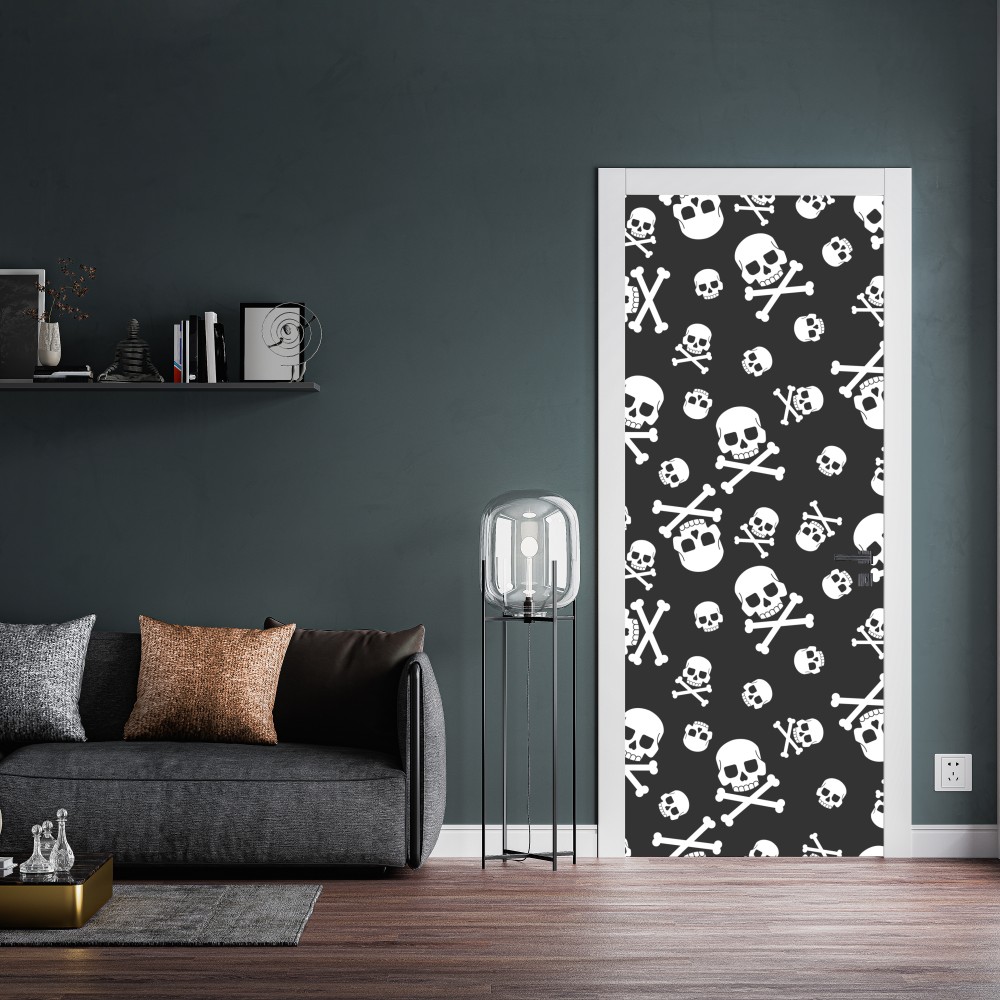 Naklejka na drzwi biały wzór czaszek na szarym tle – Wallissimo® Naklejka na drzwi biały wzór czaszek na szarym tle – Wallissimo®