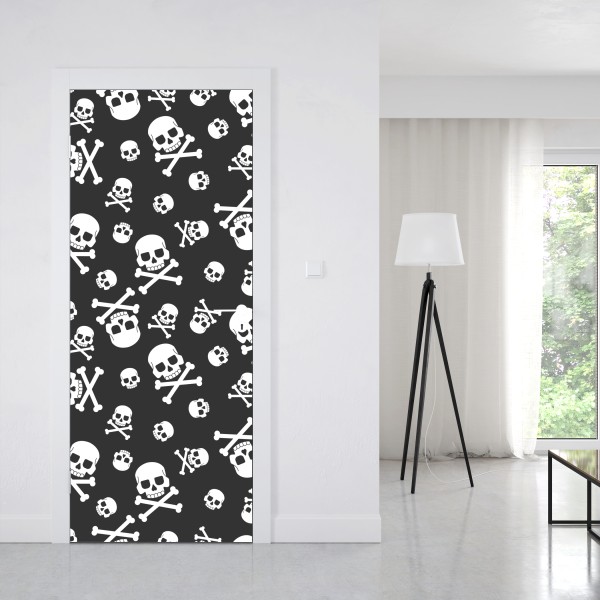 Naklejka na drzwi biały wzór czaszek na szarym tle – Wallissimo® Naklejka na drzwi biały wzór czaszek na szarym tle – Wallissimo®
