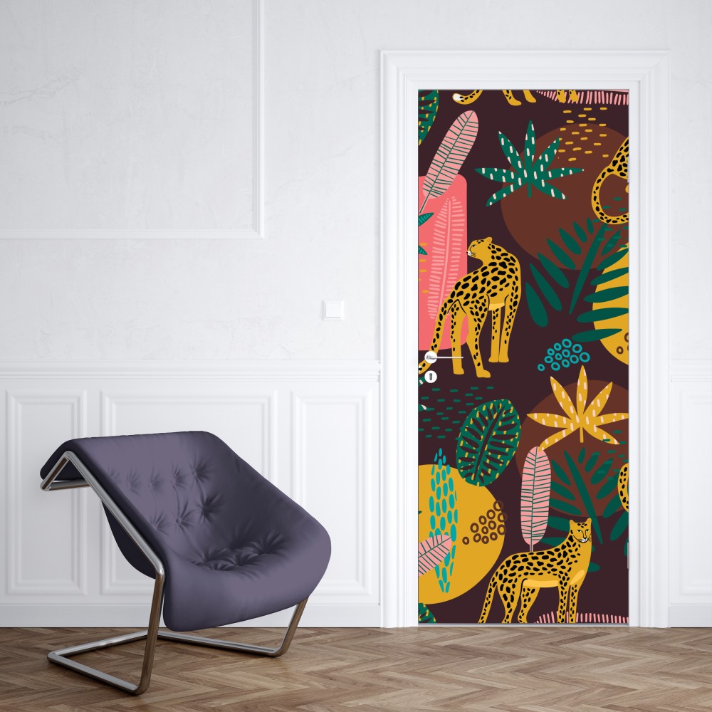 Naklejka na drzwi tropikalny wzór z lampartami – Wallissimo® Naklejka na drzwi tropikalny wzór z lampartami – Wallissimo®