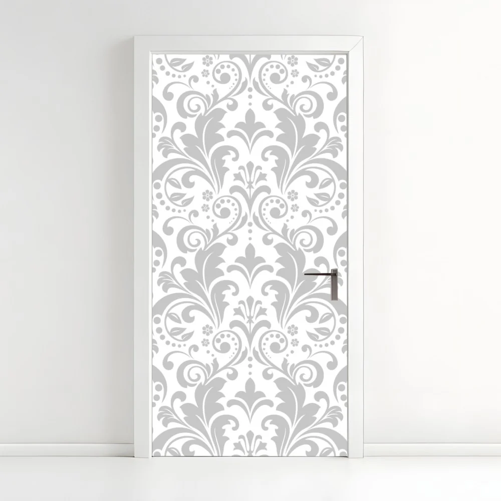 Naklejka na drzwi elegancki szary wzór damasceński – Wallissimo® Naklejka na drzwi elegancki szary wzór damasceński – Wallissimo®