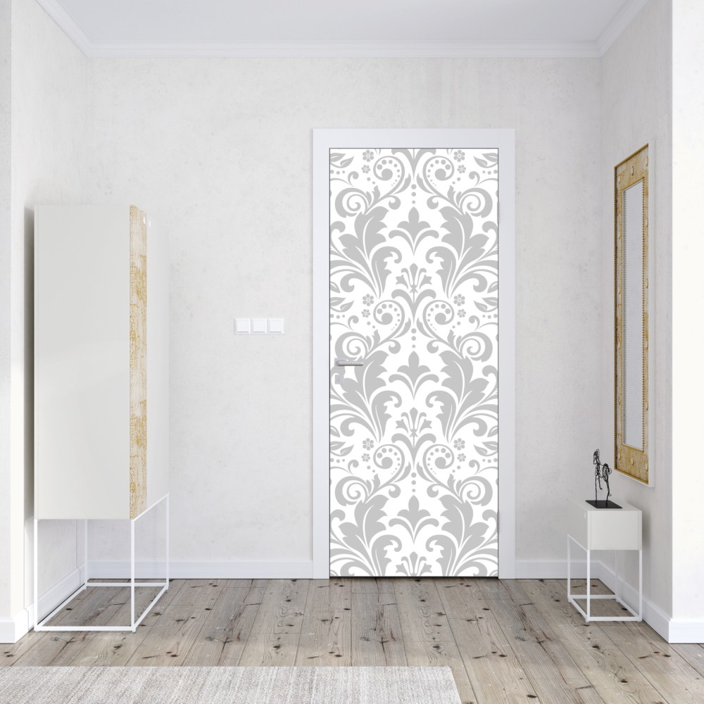 Naklejka na drzwi elegancki szary wzór damasceński – Wallissimo® Naklejka na drzwi elegancki szary wzór damasceński – Wallissimo®
