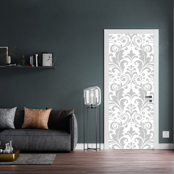 Naklejka na drzwi elegancki szary wzór damasceński – Wallissimo® Naklejka na drzwi elegancki szary wzór damasceński – Wallissimo®