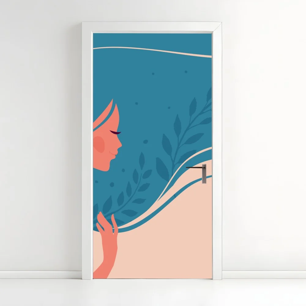 Naklejka na drzwi spokojny kwiatowy profil z falującymi włosami – Wallissimo® Naklejka na drzwi spokojny kwiatowy profil z falującymi włosami – Wallissimo®