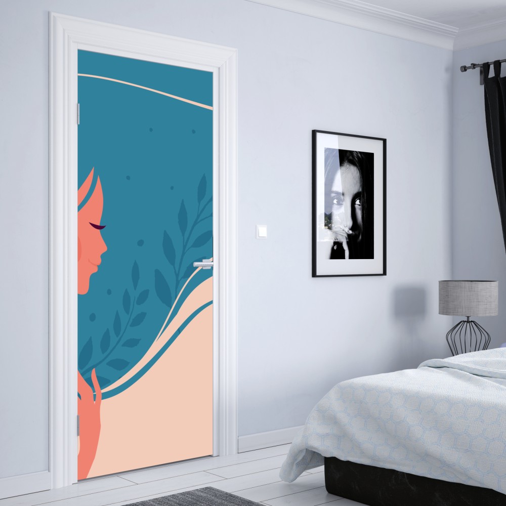 Naklejka na drzwi spokojny kwiatowy profil z falującymi włosami – Wallissimo® Naklejka na drzwi spokojny kwiatowy profil z falującymi włosami – Wallissimo®